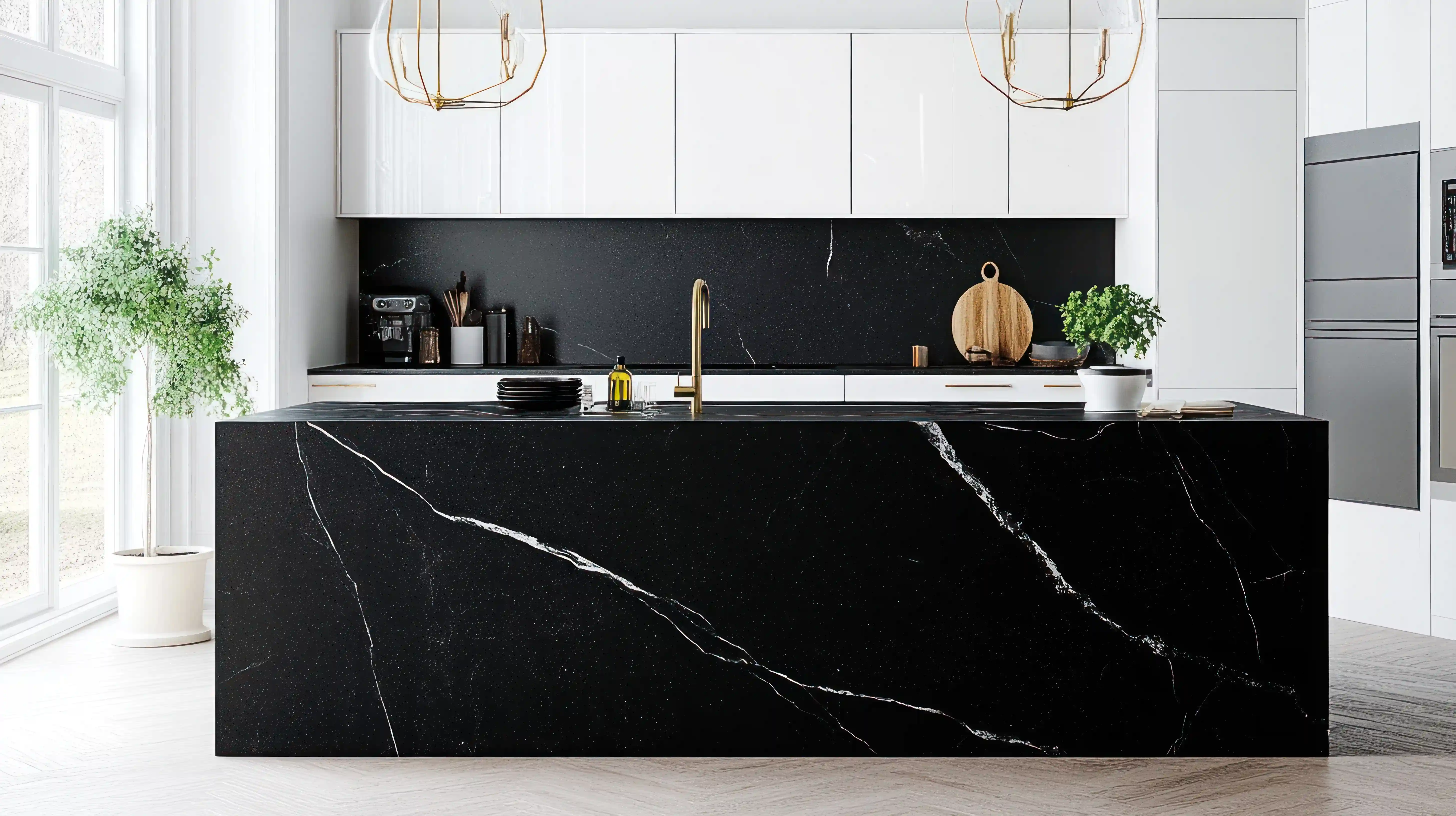 Black quartz island with waterfall edge in a Maidenhead kitchen
