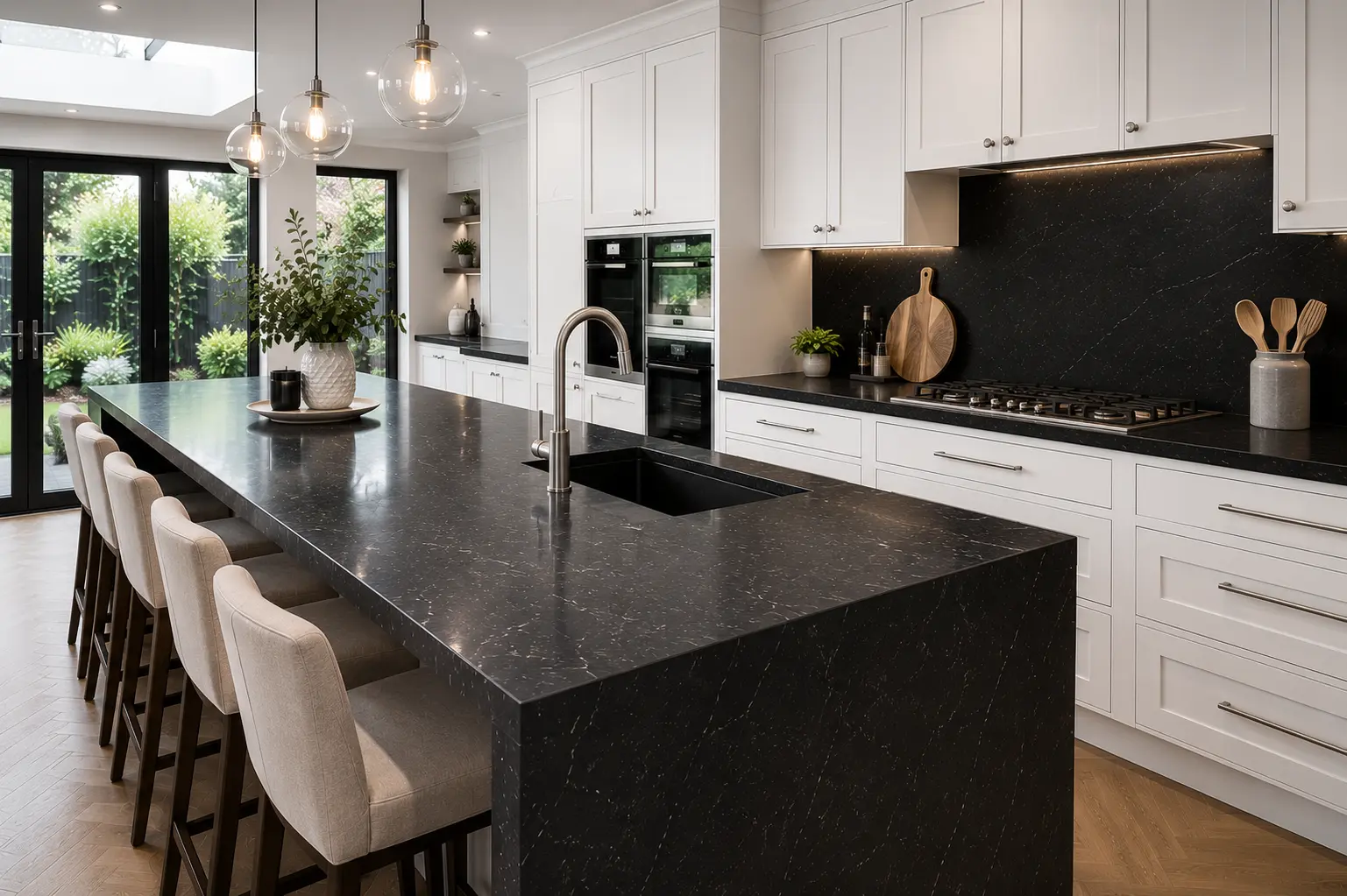 Black quartz island with waterfall edge in a Teddington kitchen