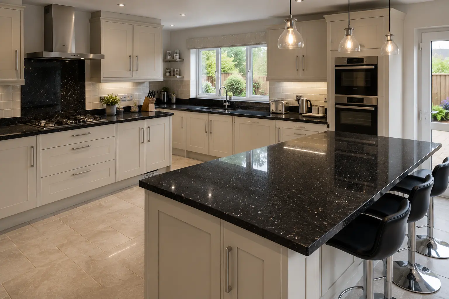 Granite Worktops Hanwell Family Kitchen Dark granite worktops in a larger Hanwell semi-detached kitchen