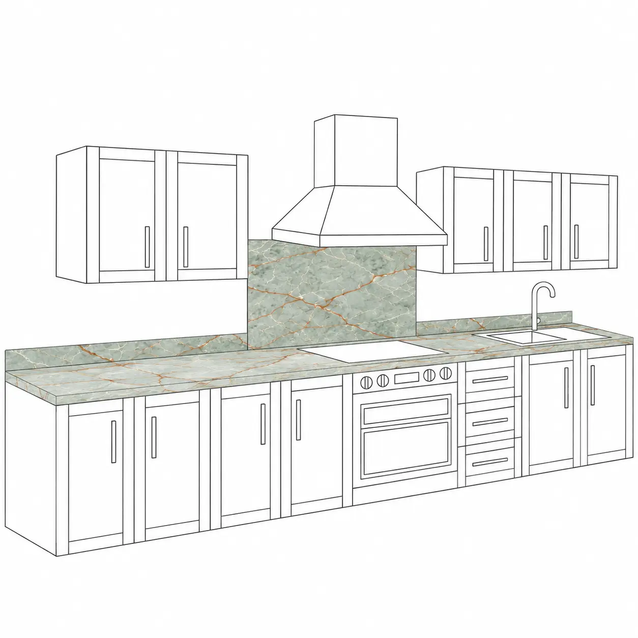 Kitchen design visualisation showing Green Gold Onyx quartz on perimeter worktops and a peninsula.
