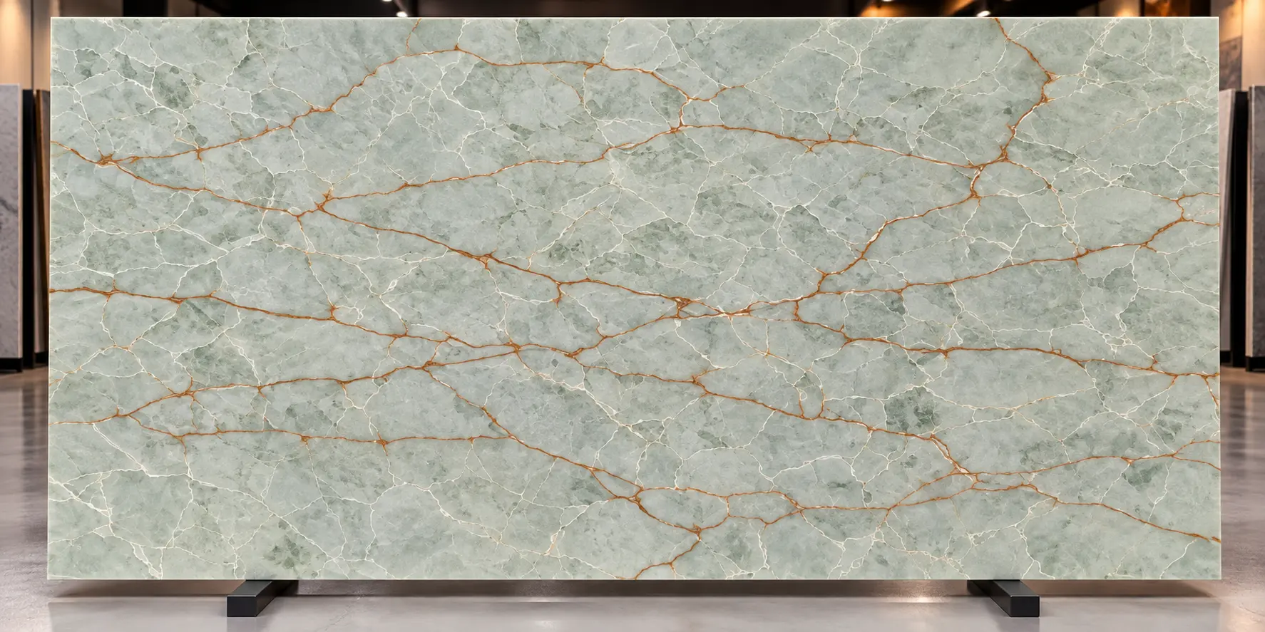 Full slab of Green Gold Onyx quartz with a pale green background, white veining and warm gold-toned veins.