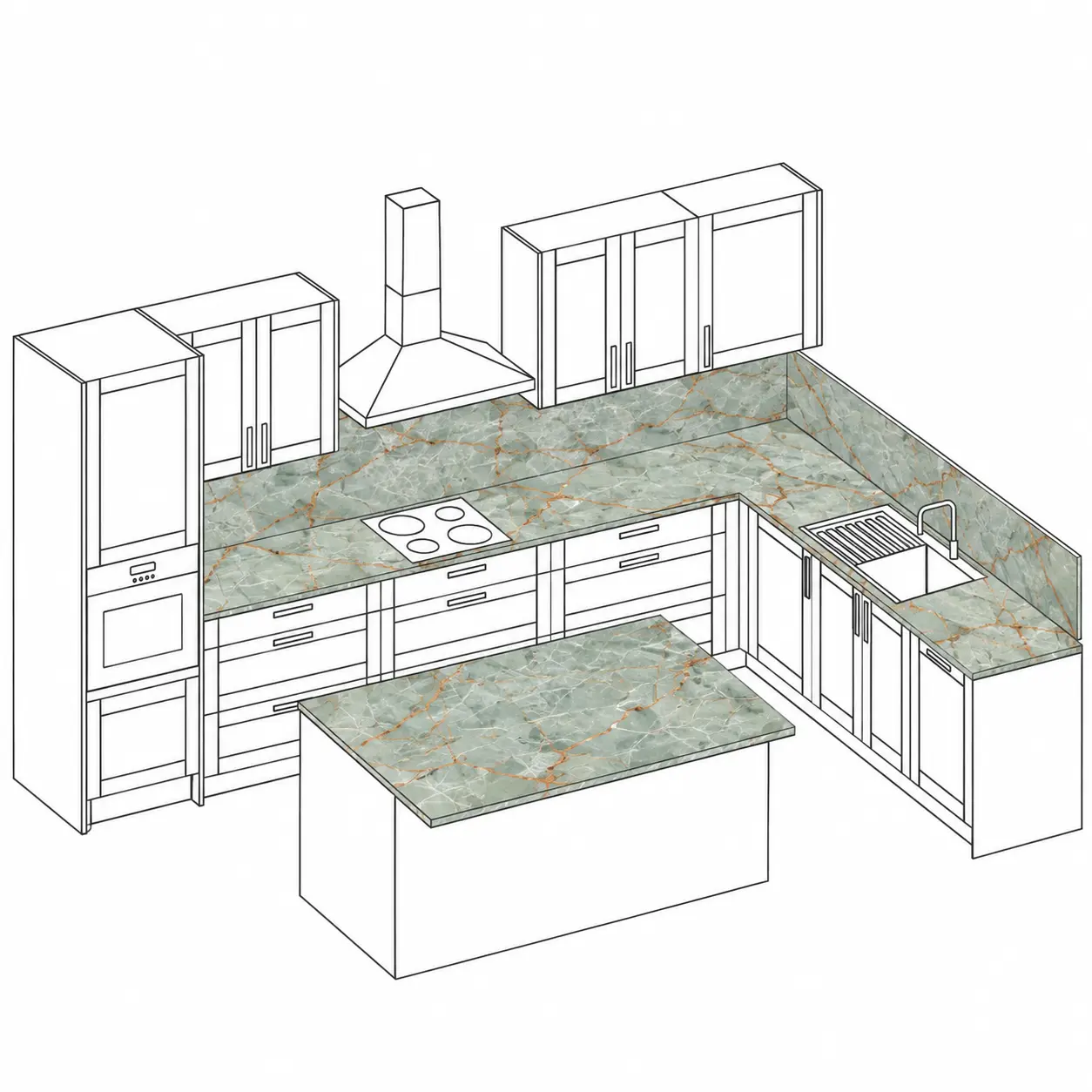 Front kitchen visualisation with Green Gold Onyx quartz worktop and a matching full-height feature behind the hob.