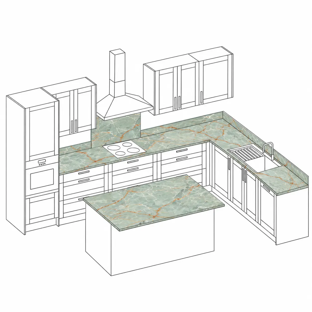 Perspective kitchen visualisation showing Green Gold Onyx quartz across the worktop layout.