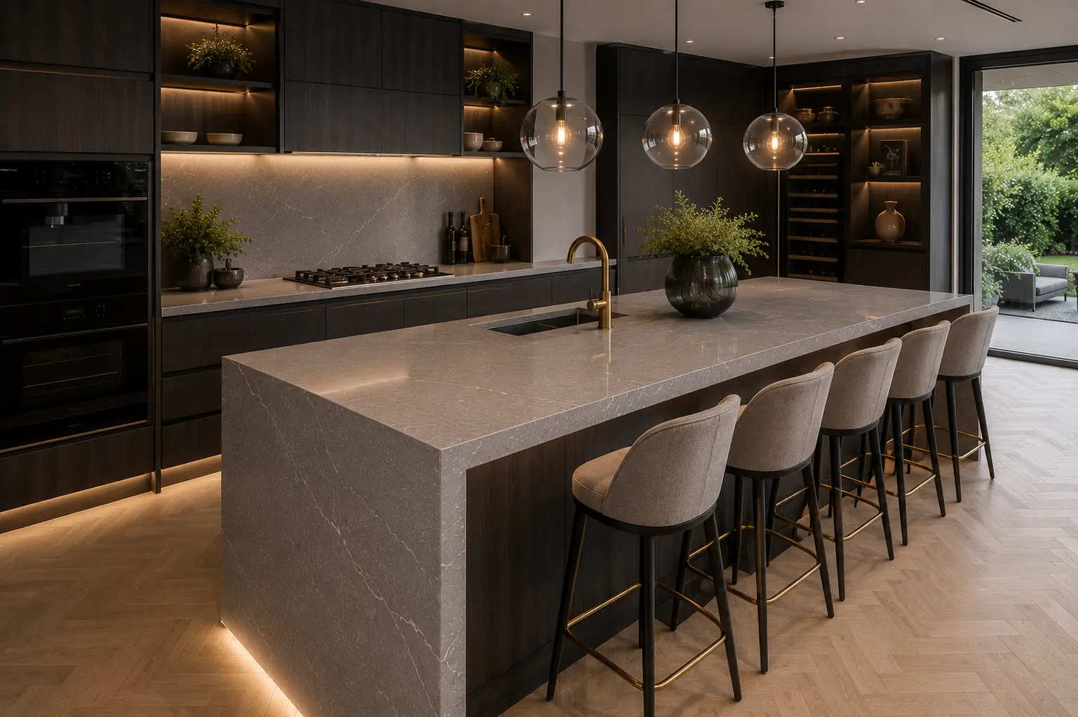 Grey quartz worktops in a Bromley family kitchen with easy-clean finish