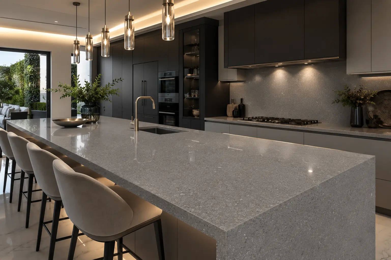 Grey quartz worktop with waterfall end in a Hammersmith kitchen