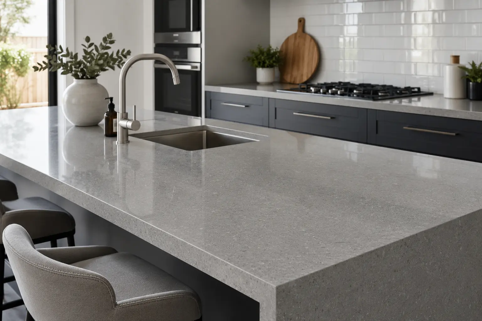 Grey quartz worktops in a Hampton family kitchen with shaker cabinets