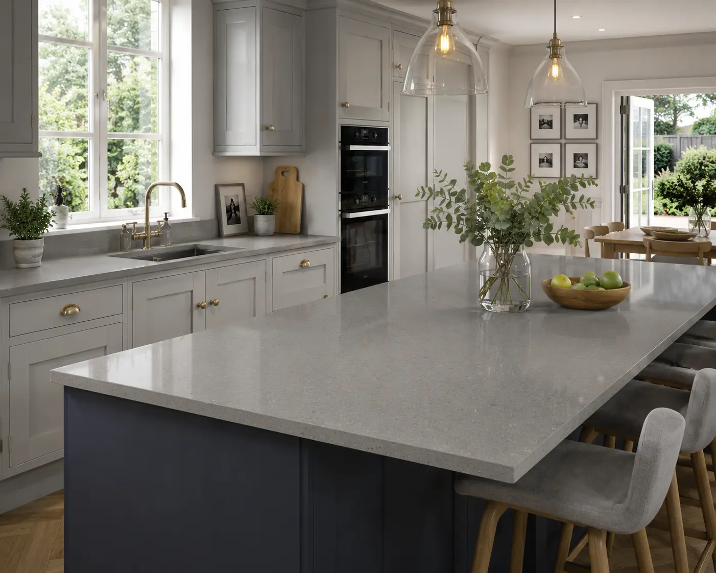 Grey quartz worktops in a rear extension kitchen in Raynes Park