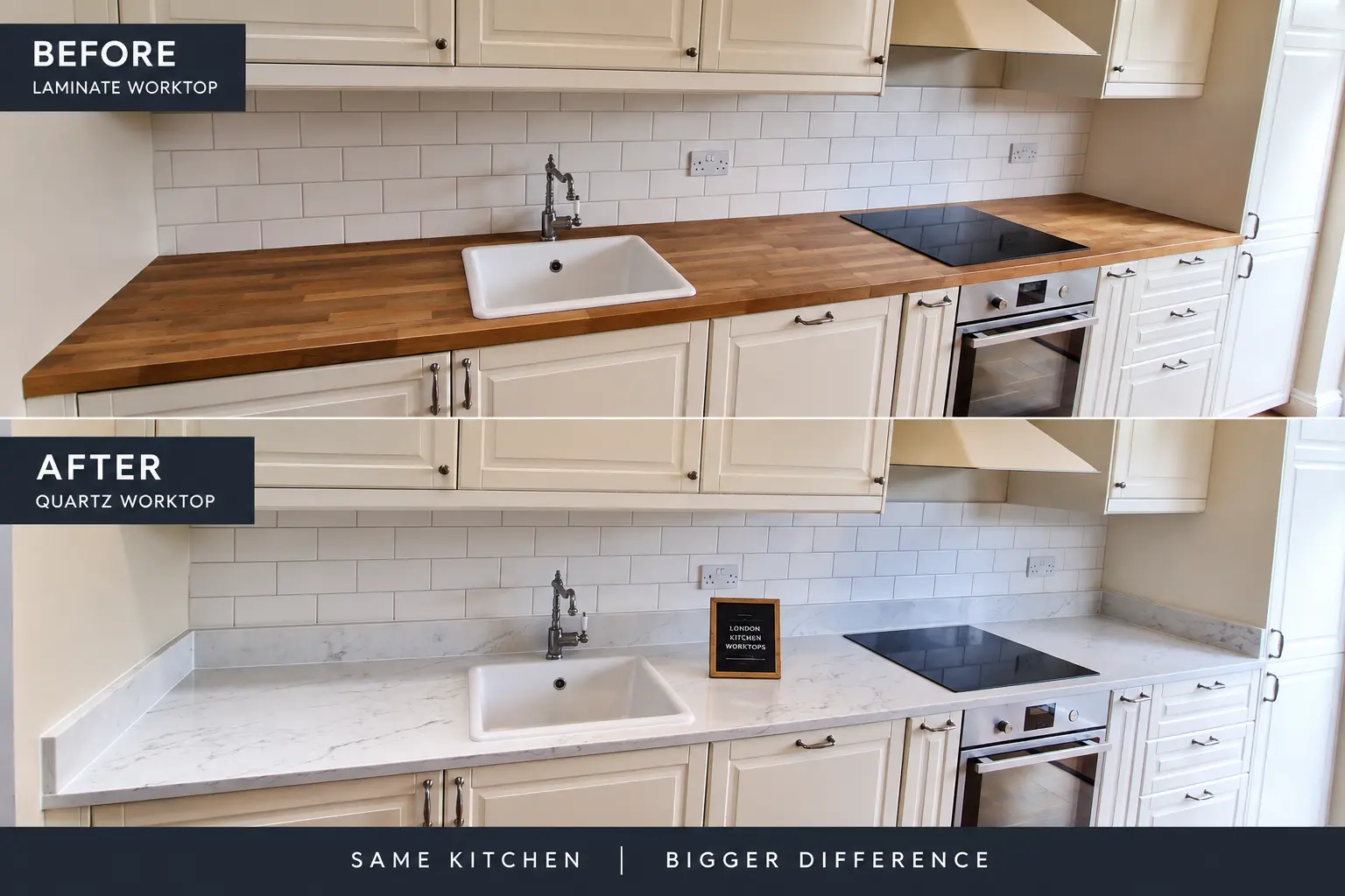 Kitchen before laminate worktop removal and after quartz worktop installation
