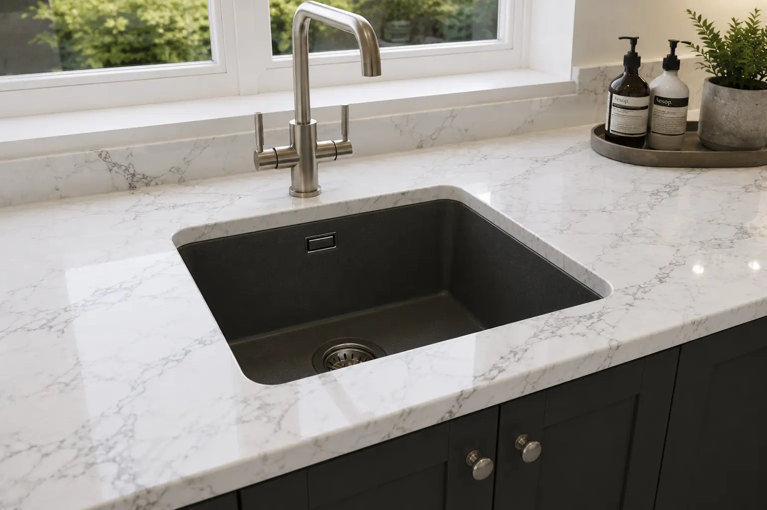 Marble sink cut-out installed in Ealing Marble worktop with fitted sink cut-out installed in Ealing