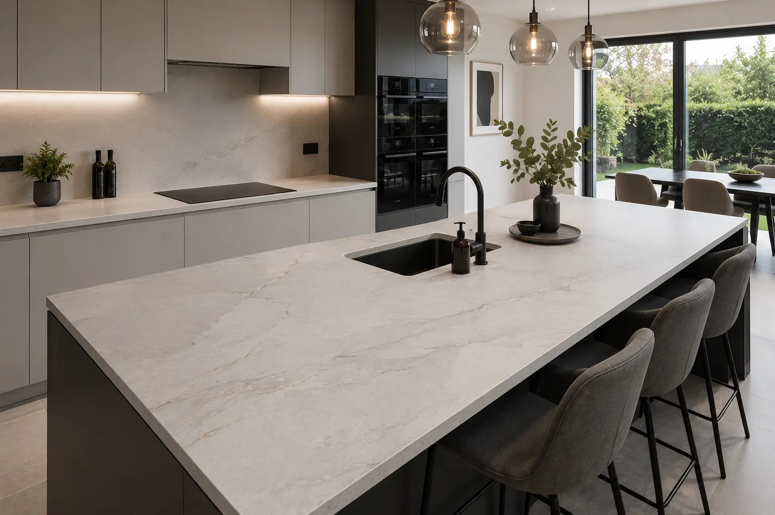 Slim porcelain worktops in a contemporary kitchen in Ealing