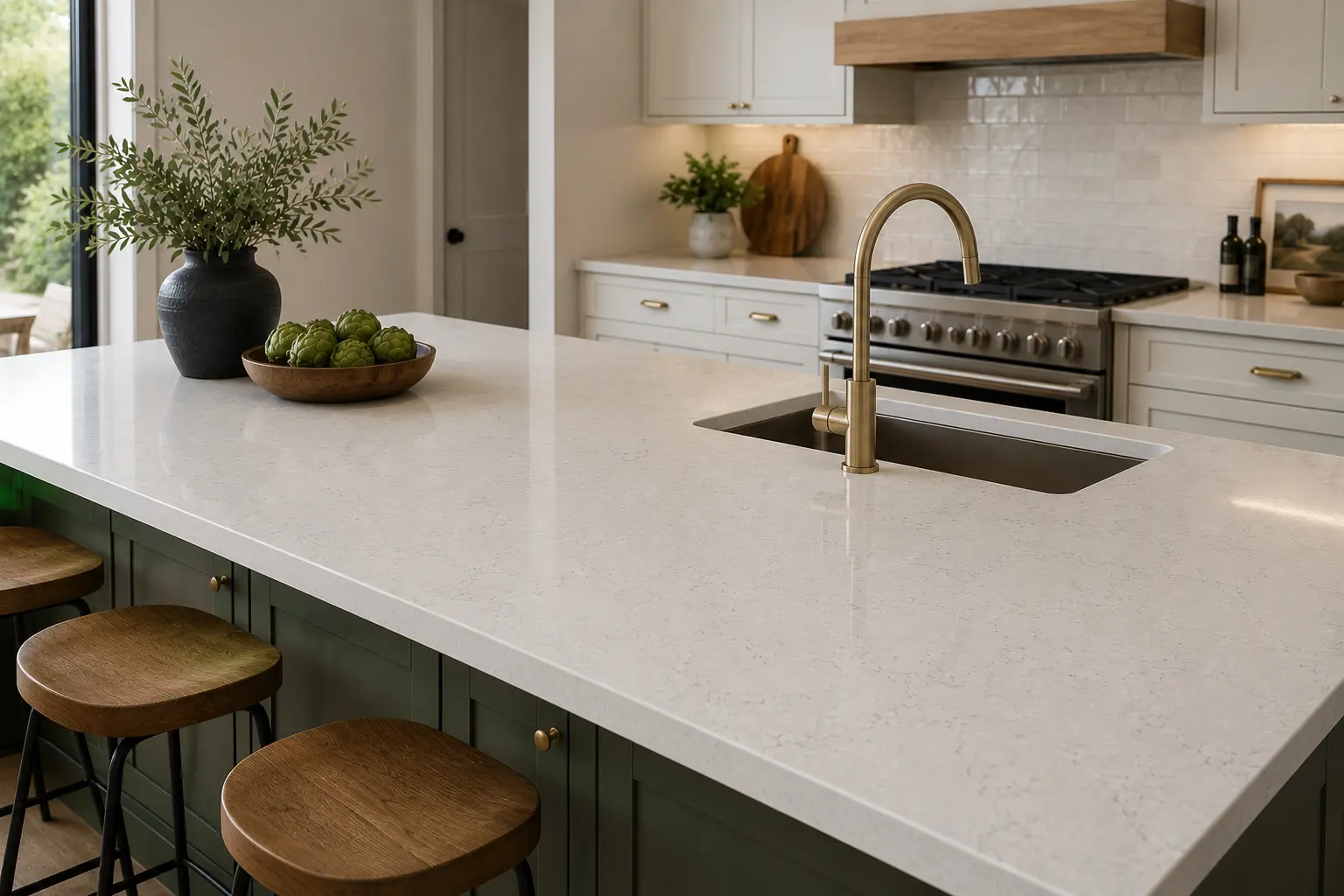 Quartz island fitted in a Northwood kitchen extension with open-plan living space