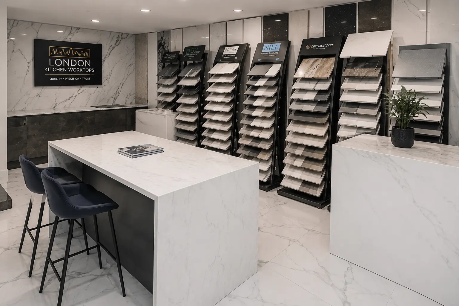 Quartz samples for Richmond kitchen projects at the nearby showroom