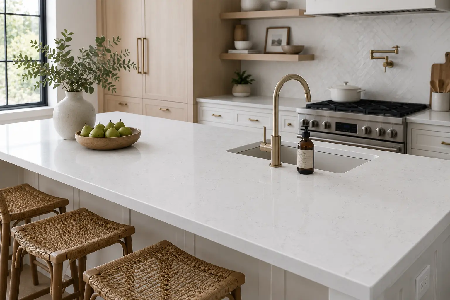 Quartz island with waterfall end installed in a Northolt kitchen
