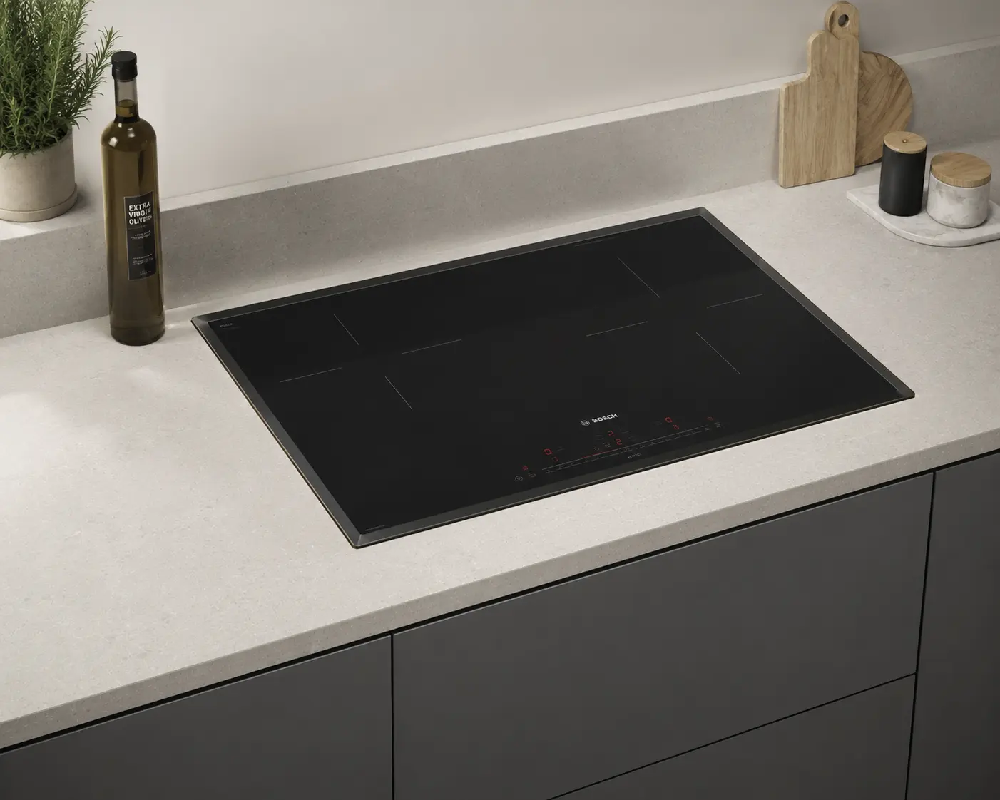 Quartz worktop with hob cut-out and neat joint detail in a Richmond kitchen