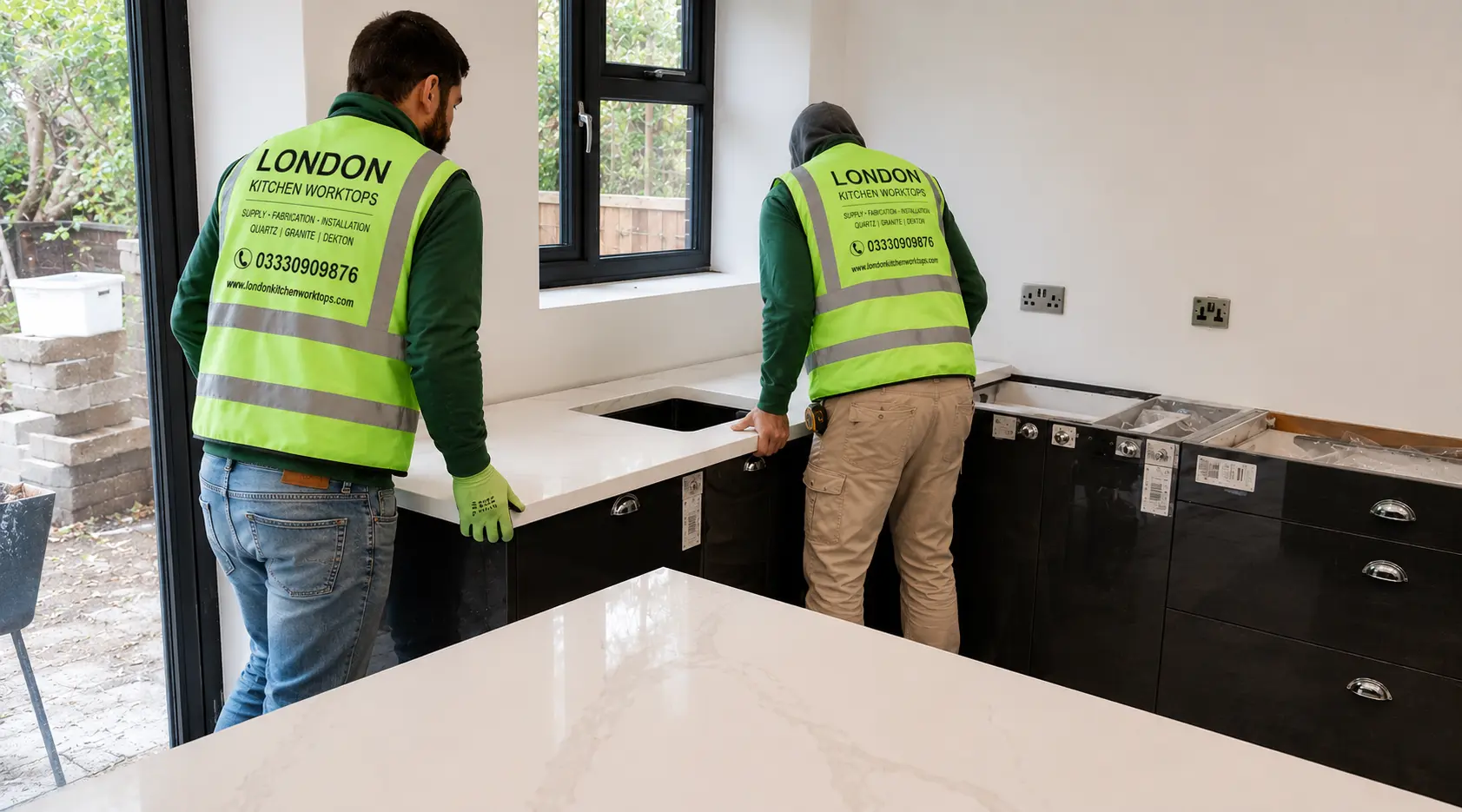 Quartz worktop installation in progress at a home in Oxshott