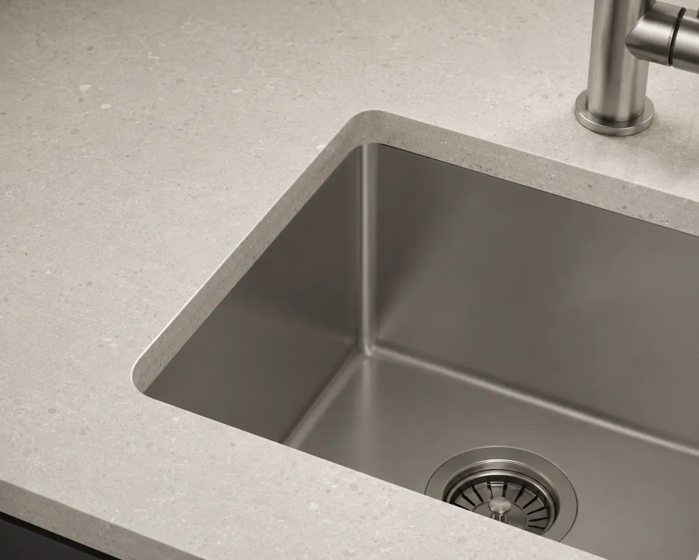 Quartz worktop with sink cut-out and polished edge detail in Richmond