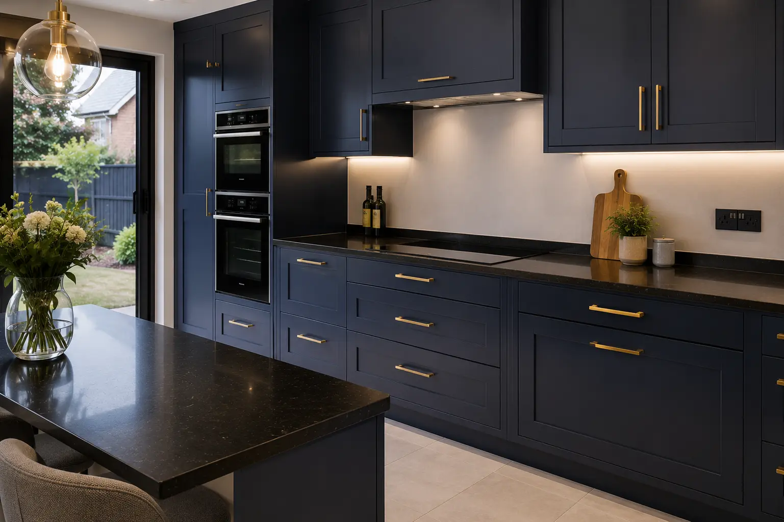 Quartz waterfall island worktop in a Battersea open-plan kitchen