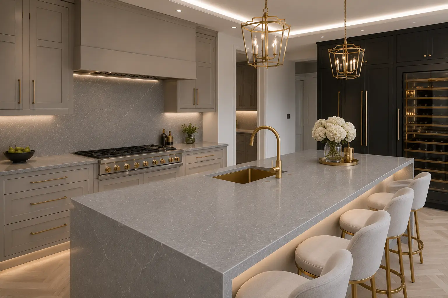Quartz breakfast bar in a family kitchen in Beckenham