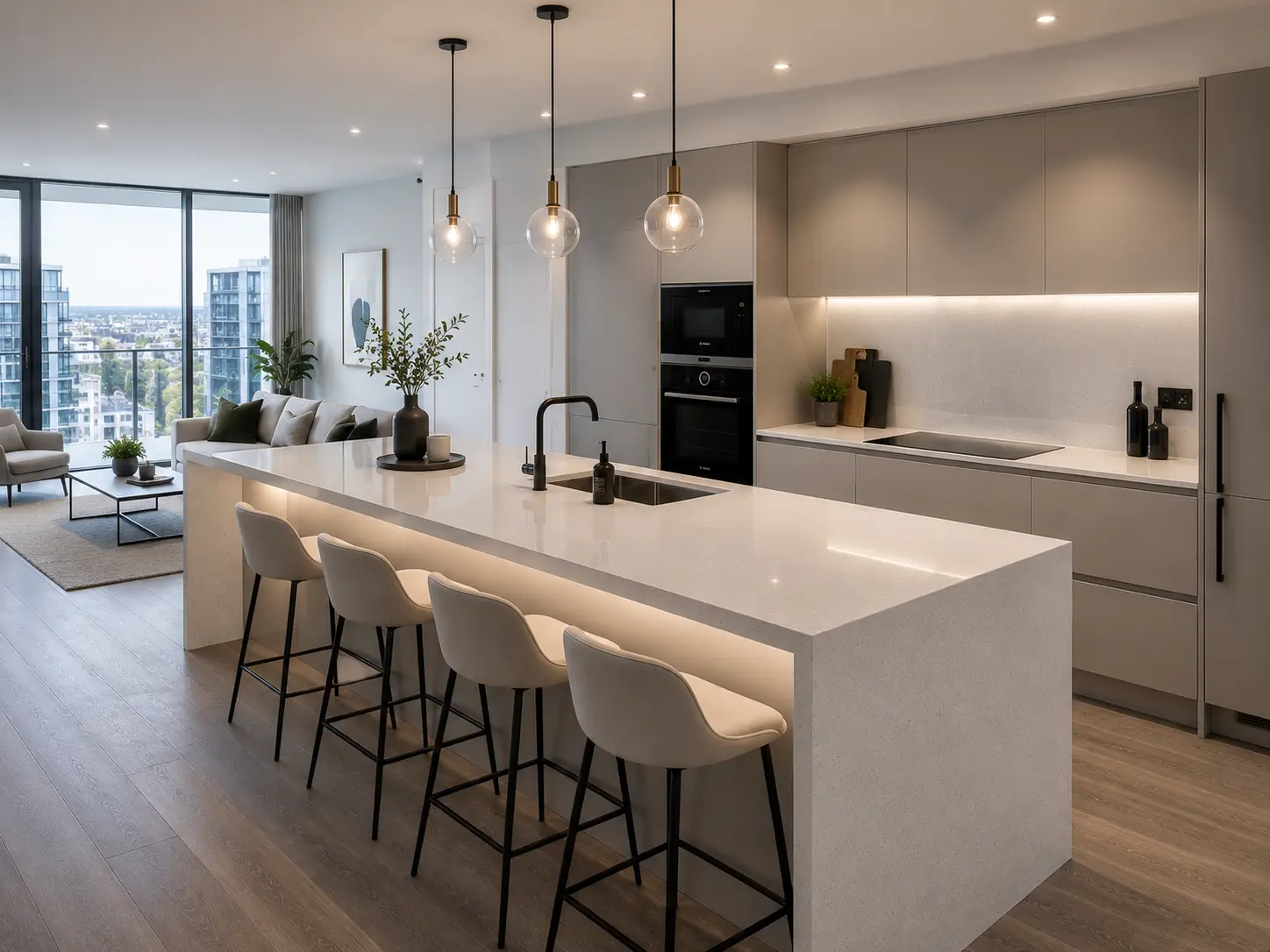 Quartz Installation in Chiswick Newly installed quartz worktop with polished edge and sink cut-out in Chiswick