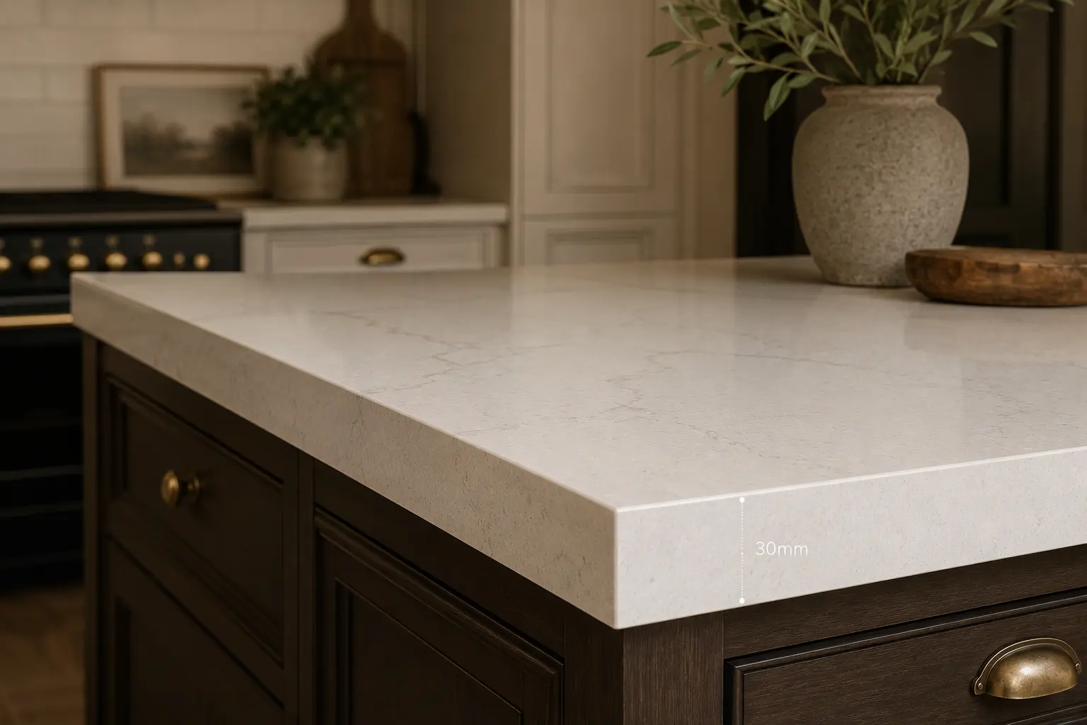 Finished quartz worktop installation with neat joins polished edges and upstands