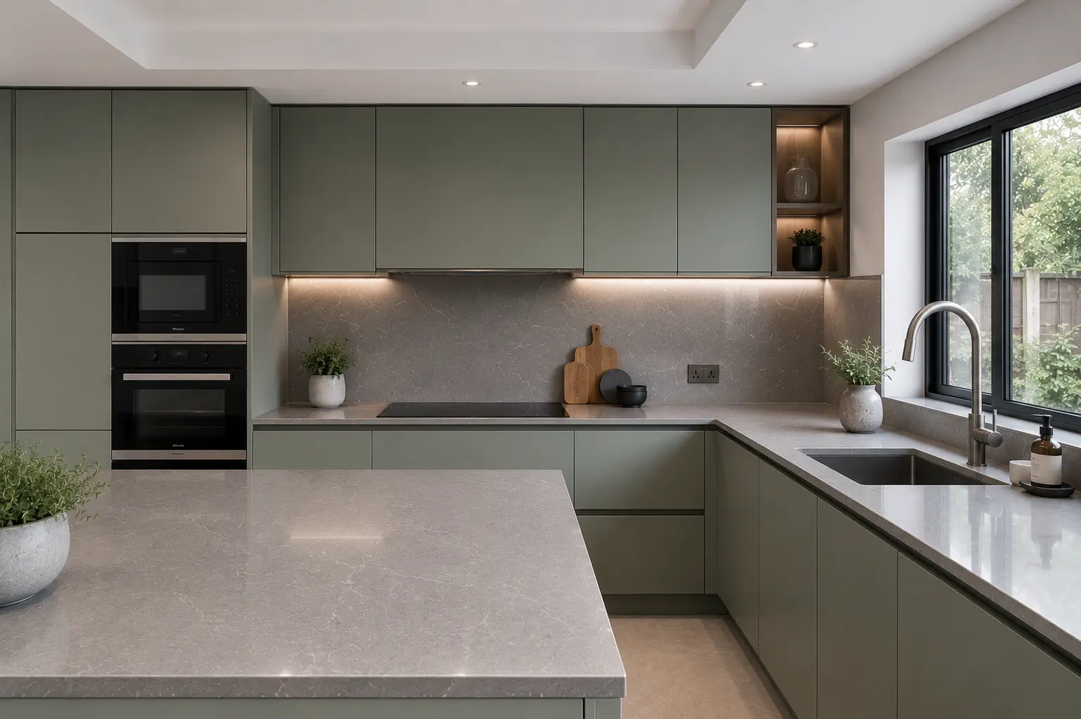 Grey quartz worktop in an L-shaped Crystal Palace kitchen