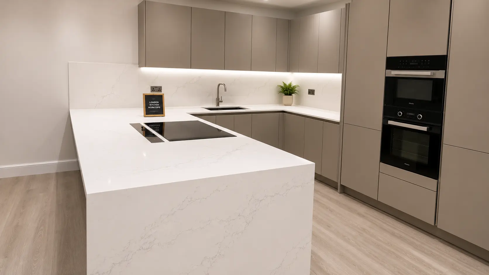 Quartz island with waterfall edge in a modern Dorking kitchen.