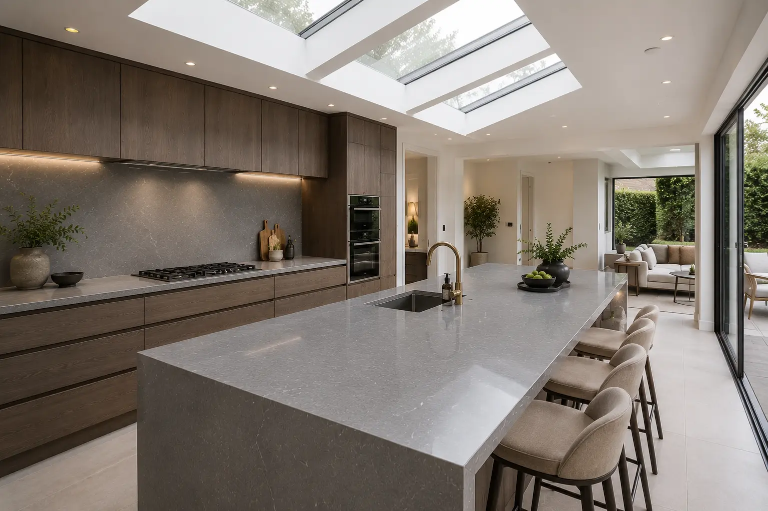Quartz waterfall island with breakfast bar in a Farnham kitchen