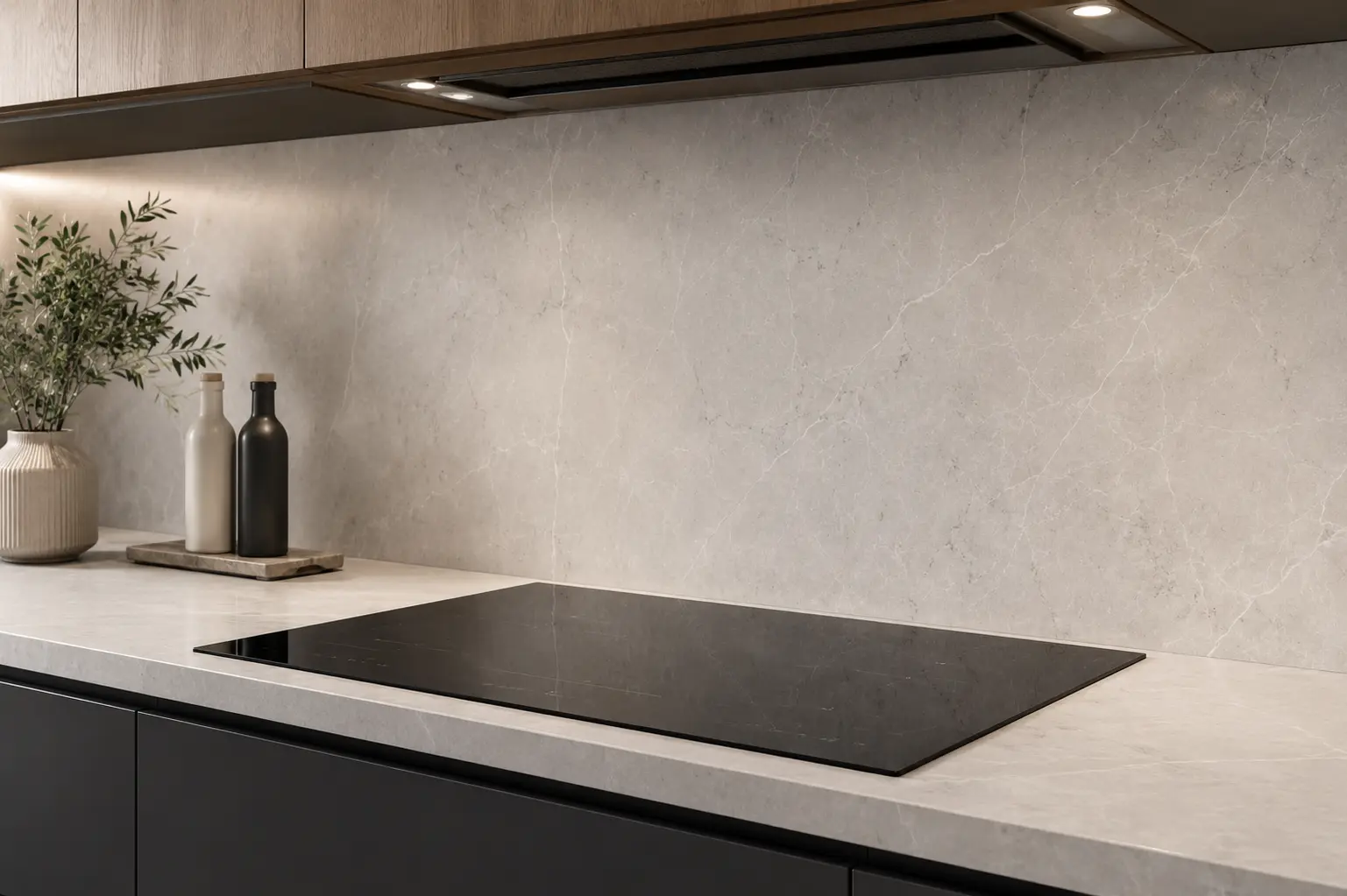Quartz splashback and matching upstand behind a hob in a Feltham kitchen