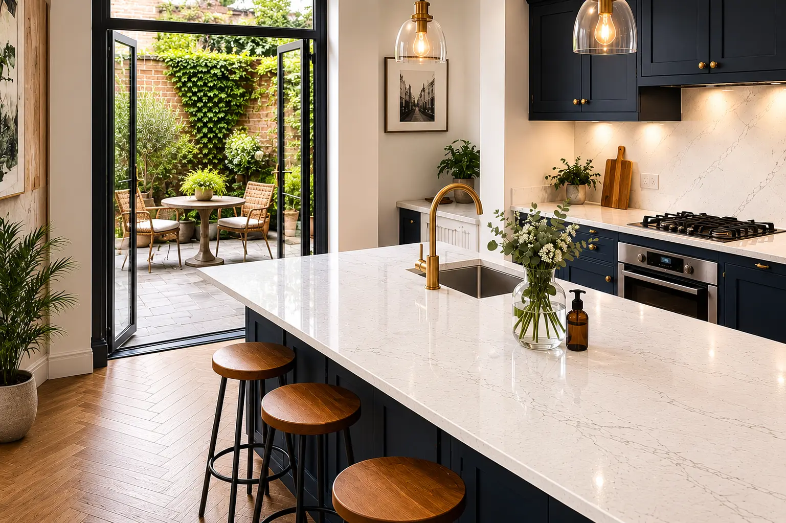 Quartz worktops fitted in a Fulham Victorian terrace kitchen