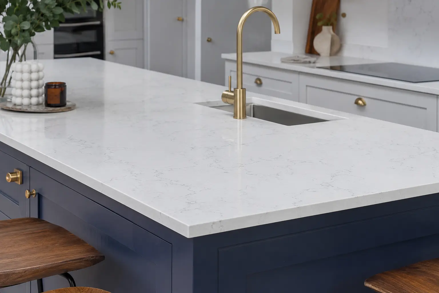 Finished quartz worktops with polished edge and breakfast bar in a Hampton-style kitchen