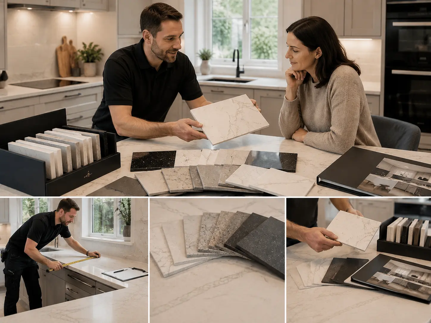 Quartz sample selection showing white, grey and veined options for Hampton homes