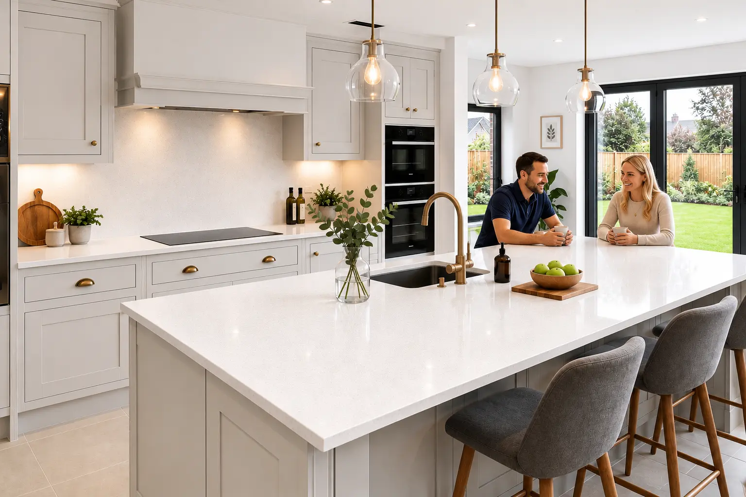 Quartz Worktops Harrow Hero Installation Quartz worktops installed in a Harrow home with white veined surface and matching island