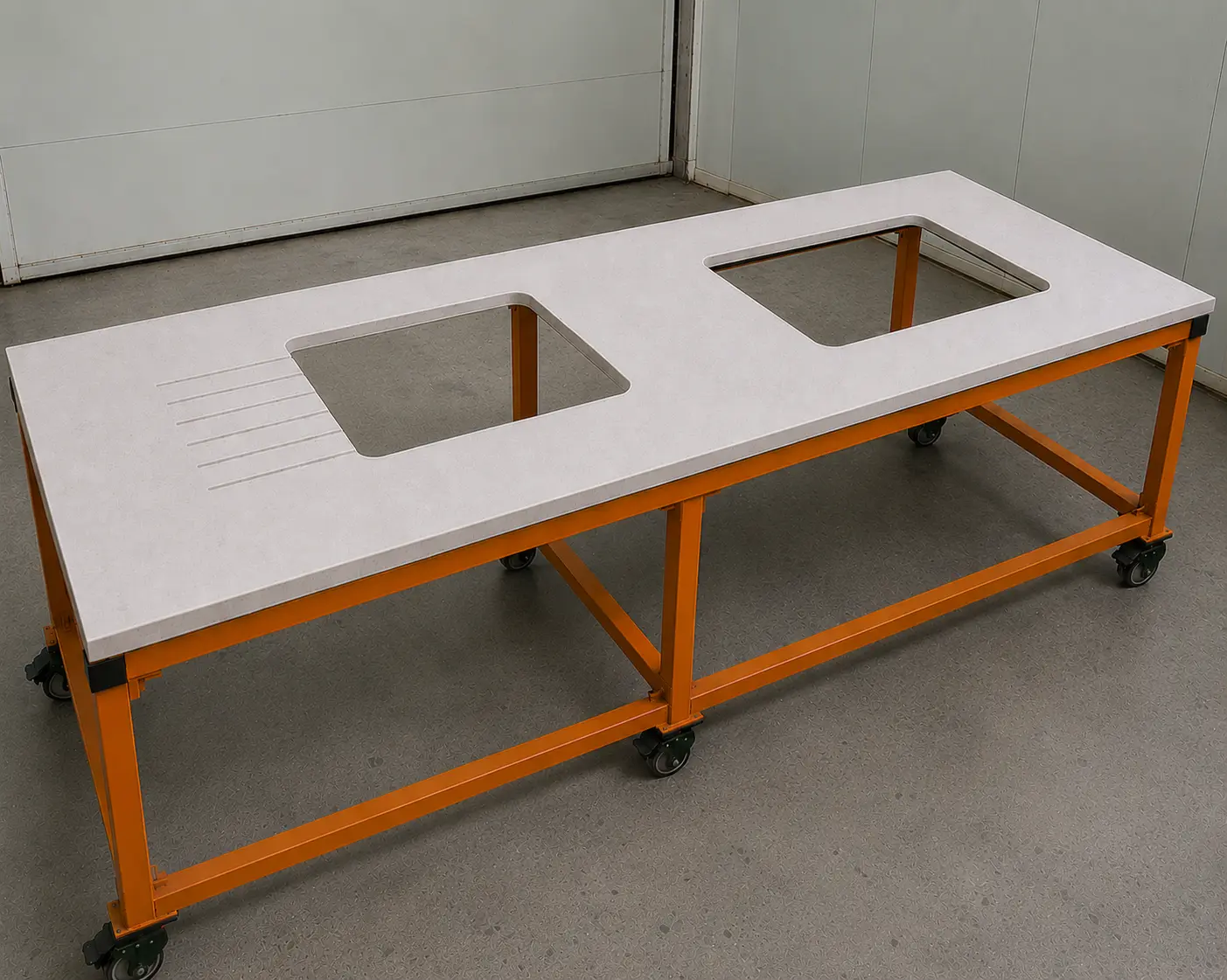 Quartz worktop with sink and hob cut-outs completed before installation