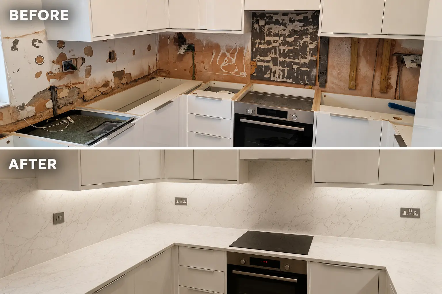 Before and after quartz worktop installation in a Norbury home
