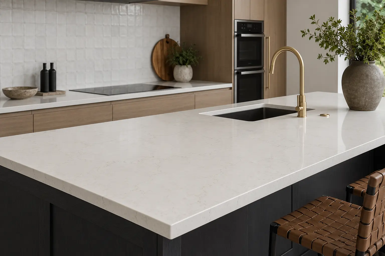 Finished family kitchen in Northwood with fitted quartz worktops and breakfast bar