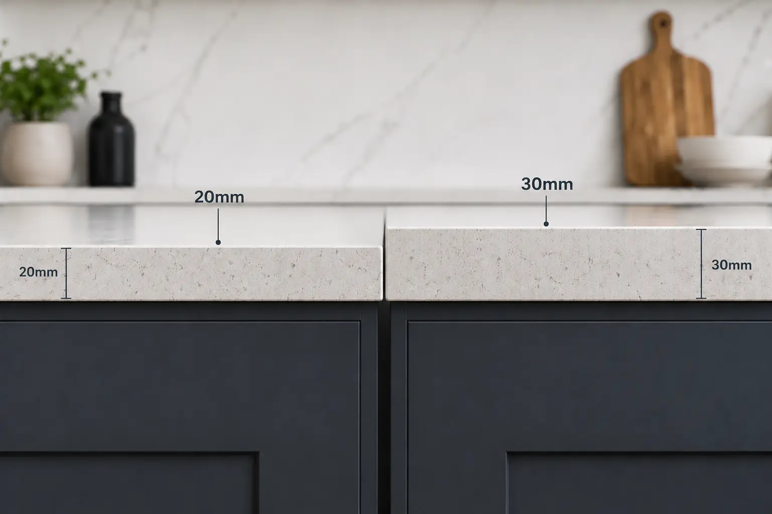 Comparison of 20mm and 30mm quartz worktop thickness options for a Pinner project