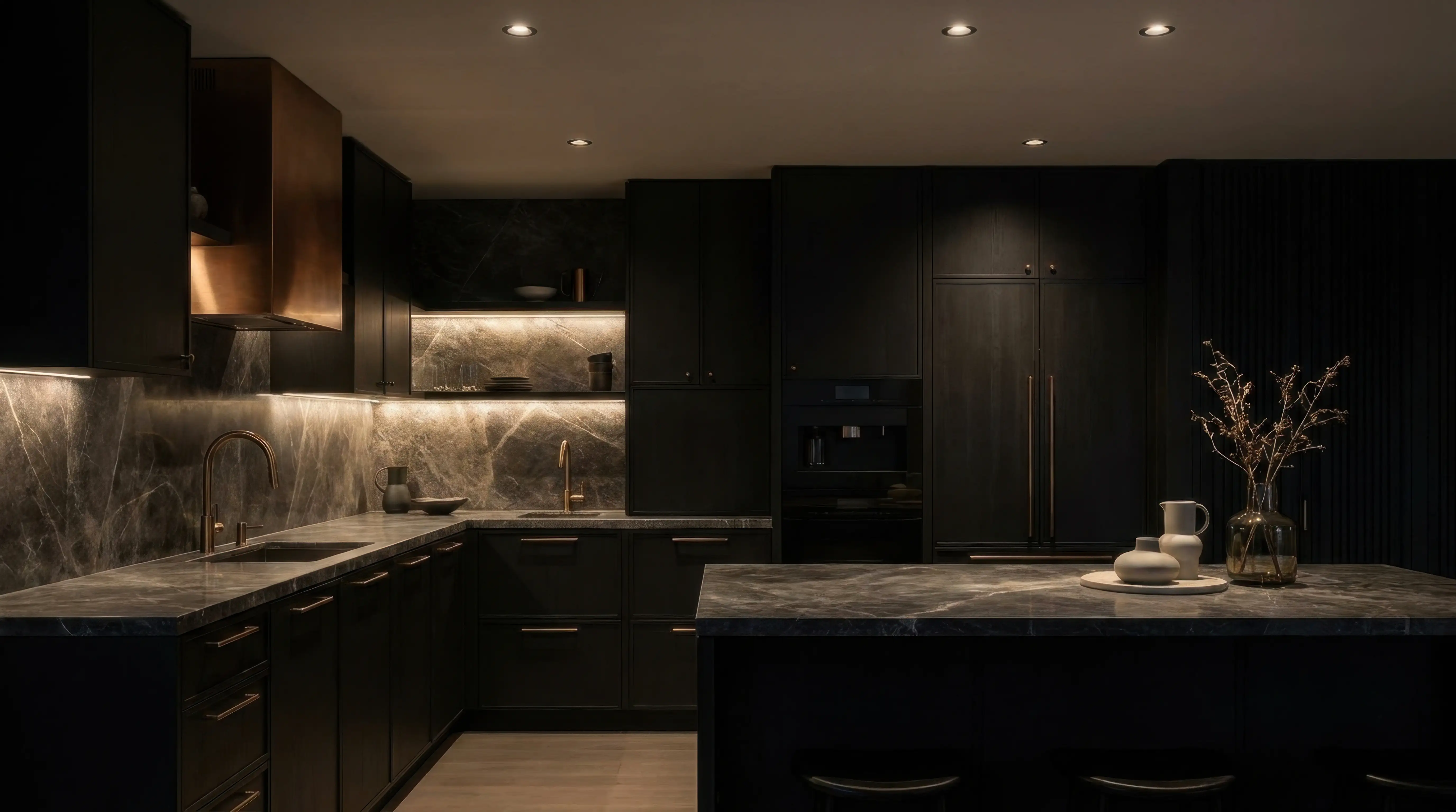 Black quartz worktop with contrasting cabinetry in a Pinner kitchen
