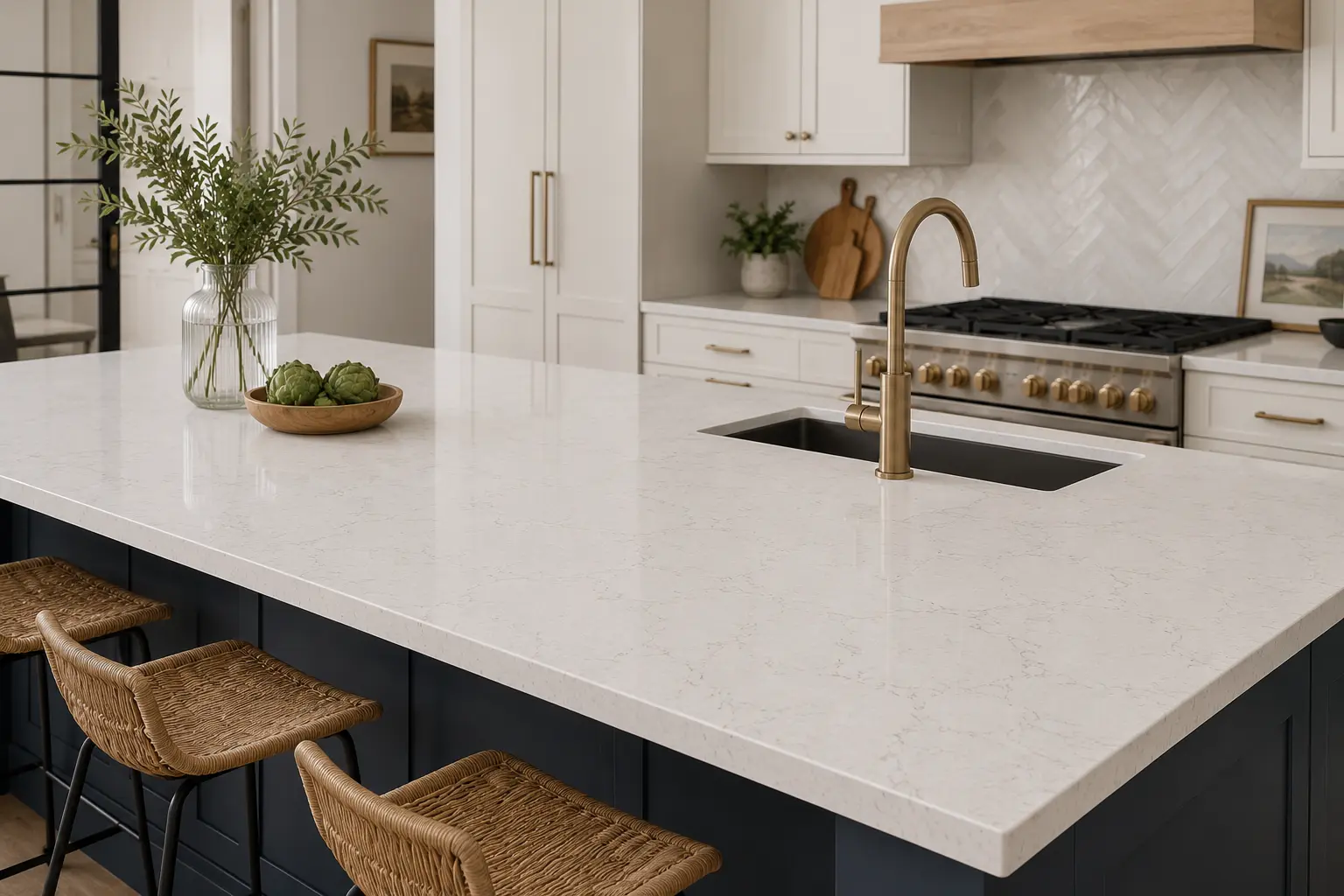 Quartz worktops fitted in a period-style Pinner kitchen with shaker units