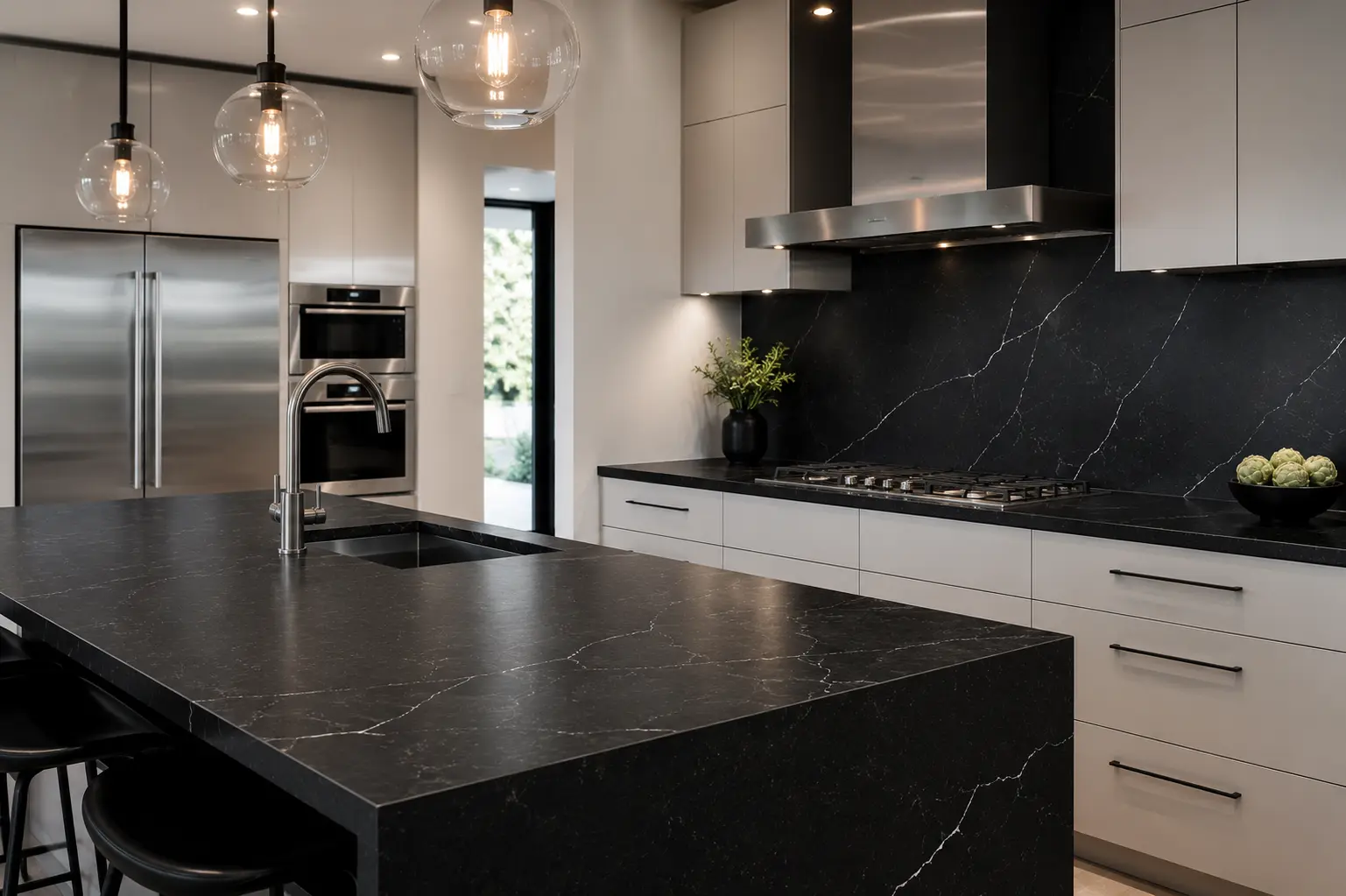 Finished galley kitchen in Putney with fitted quartz worktops.
