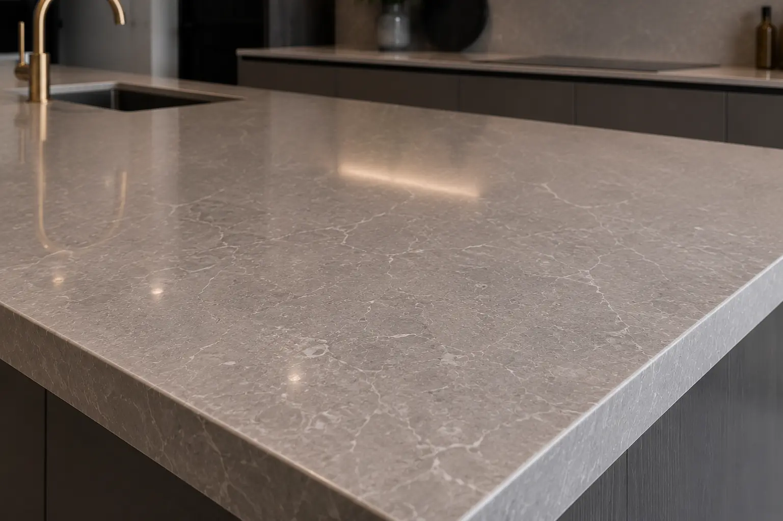 Grey quartz worktop surface detail with subtle veining in a Putney kitchen.