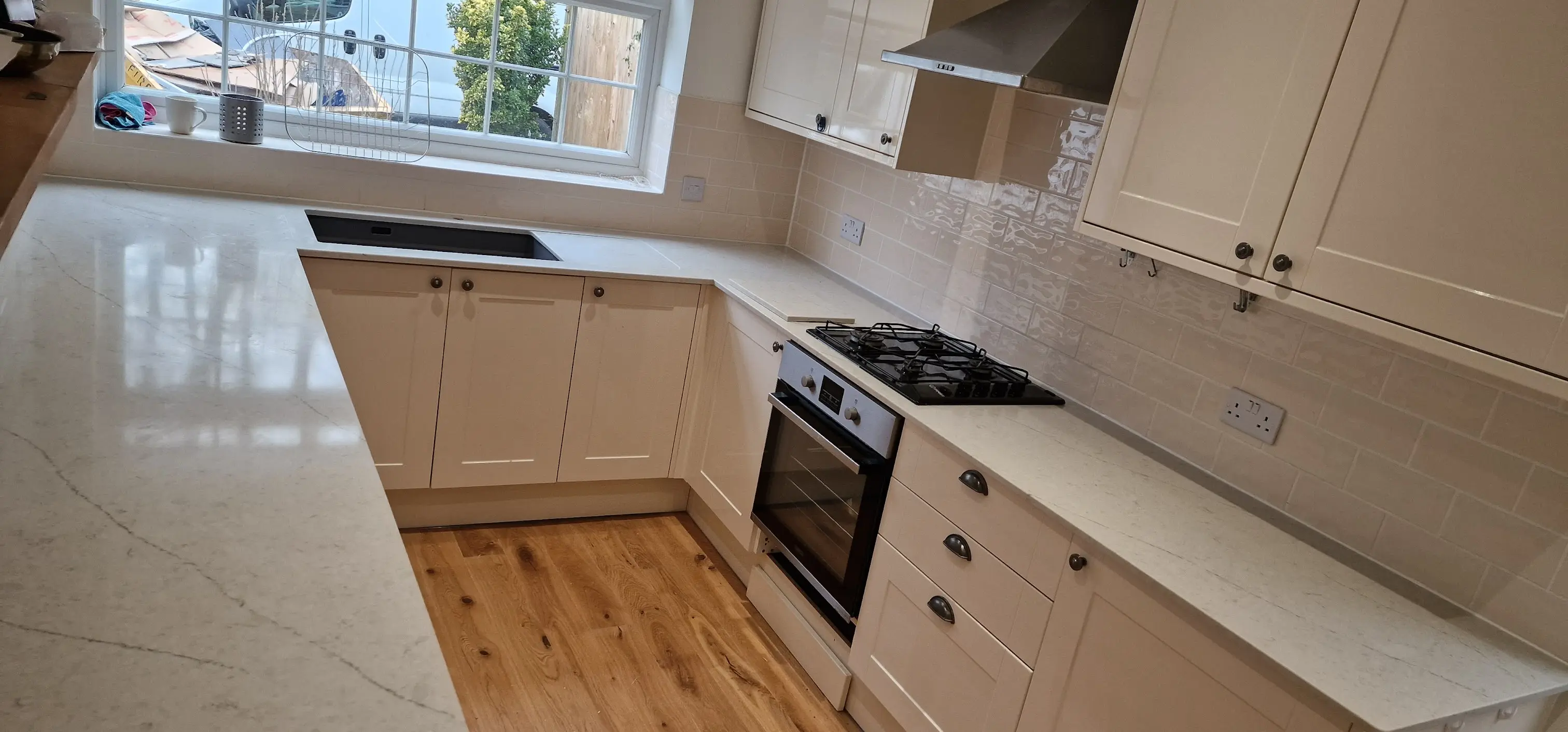 Finished Quartz Kitchen Redhill Finished quartz worktops in a completed Redhill kitchen project