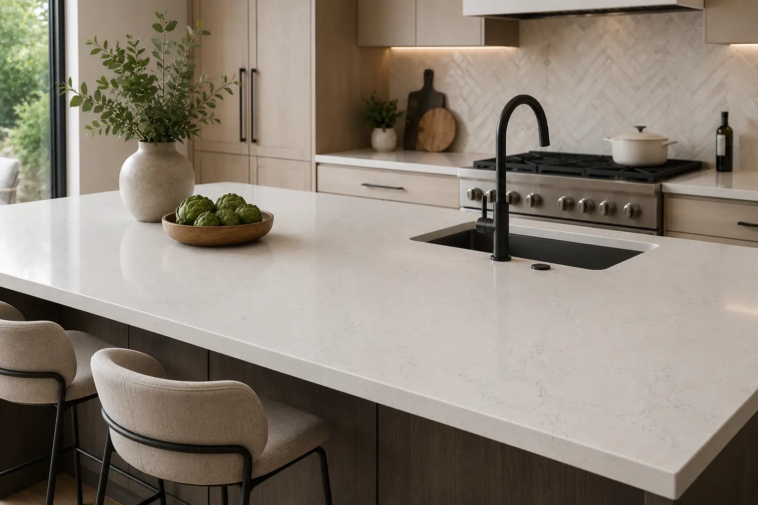 White quartz worktops fitted in a Richmond period kitchen with shaker units