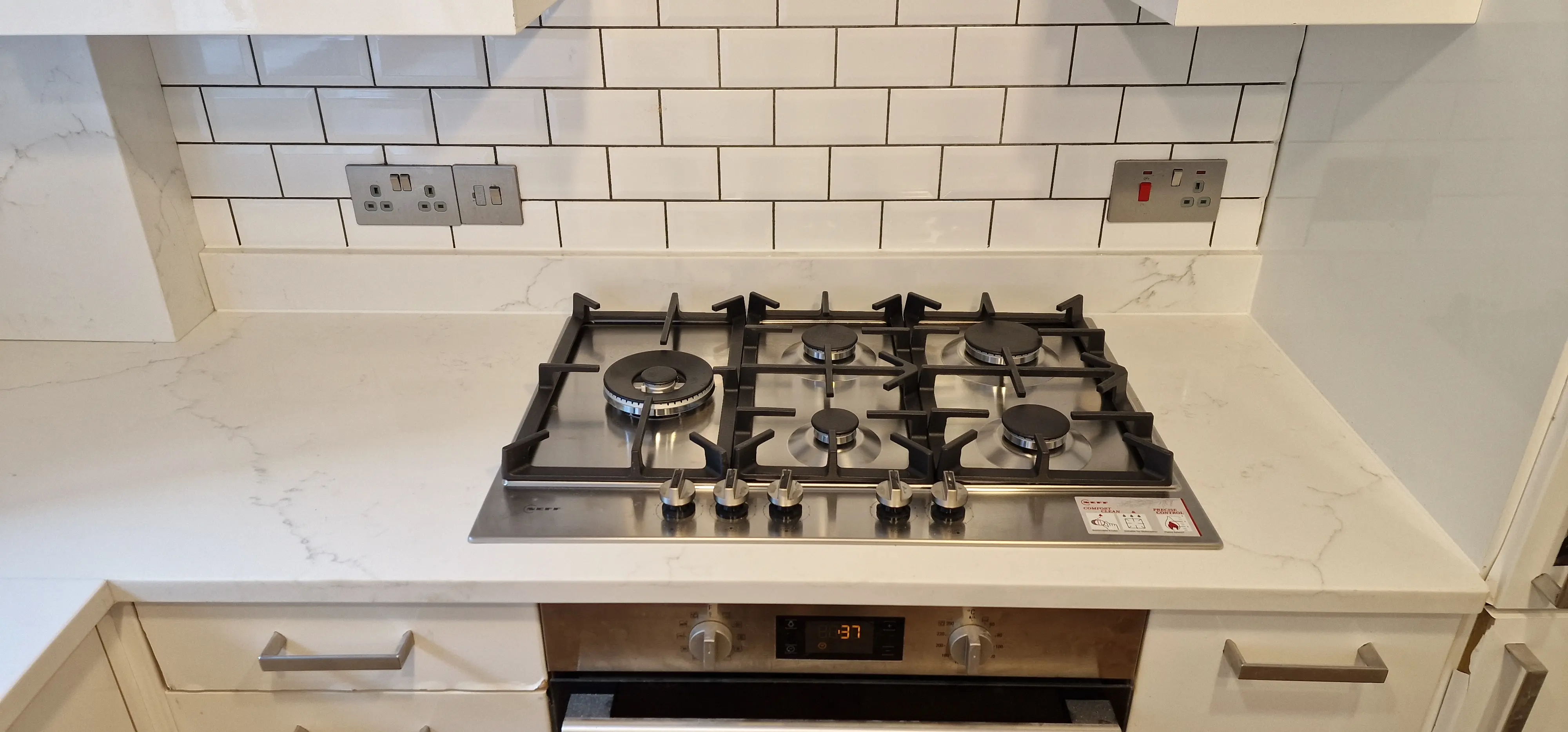 Quartz Hob Cut-Out Sutton Precision hob cut-out in a quartz worktop prepared for a Sutton kitchen