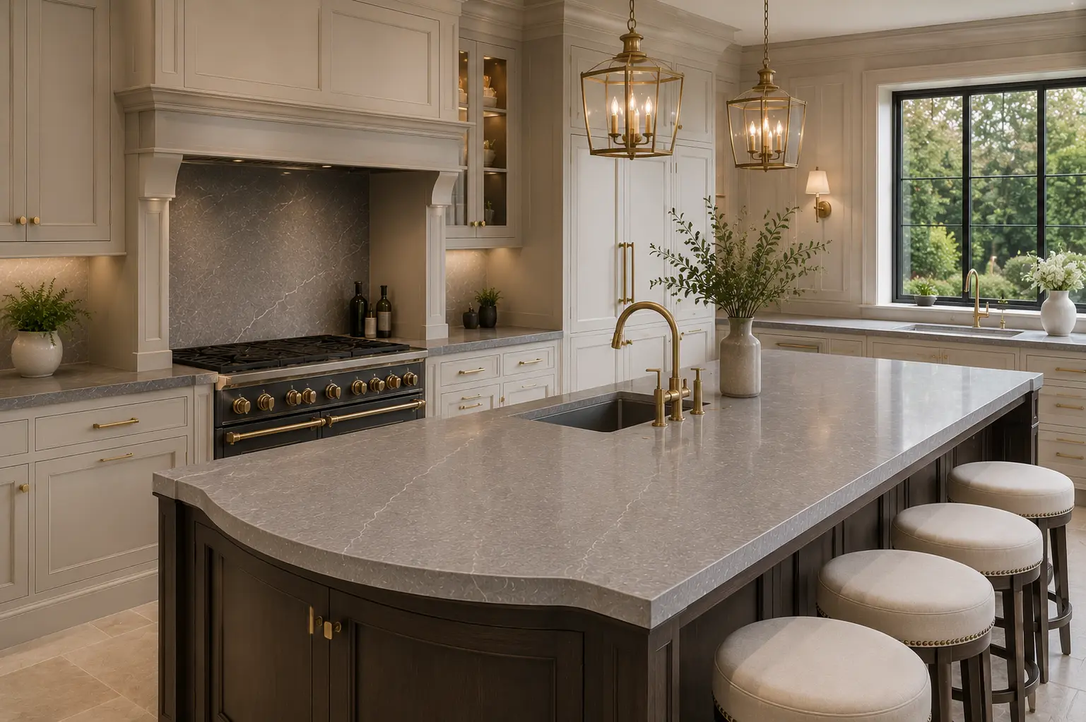 Grey quartz worktops in a Twickenham family kitchen with polished finish
