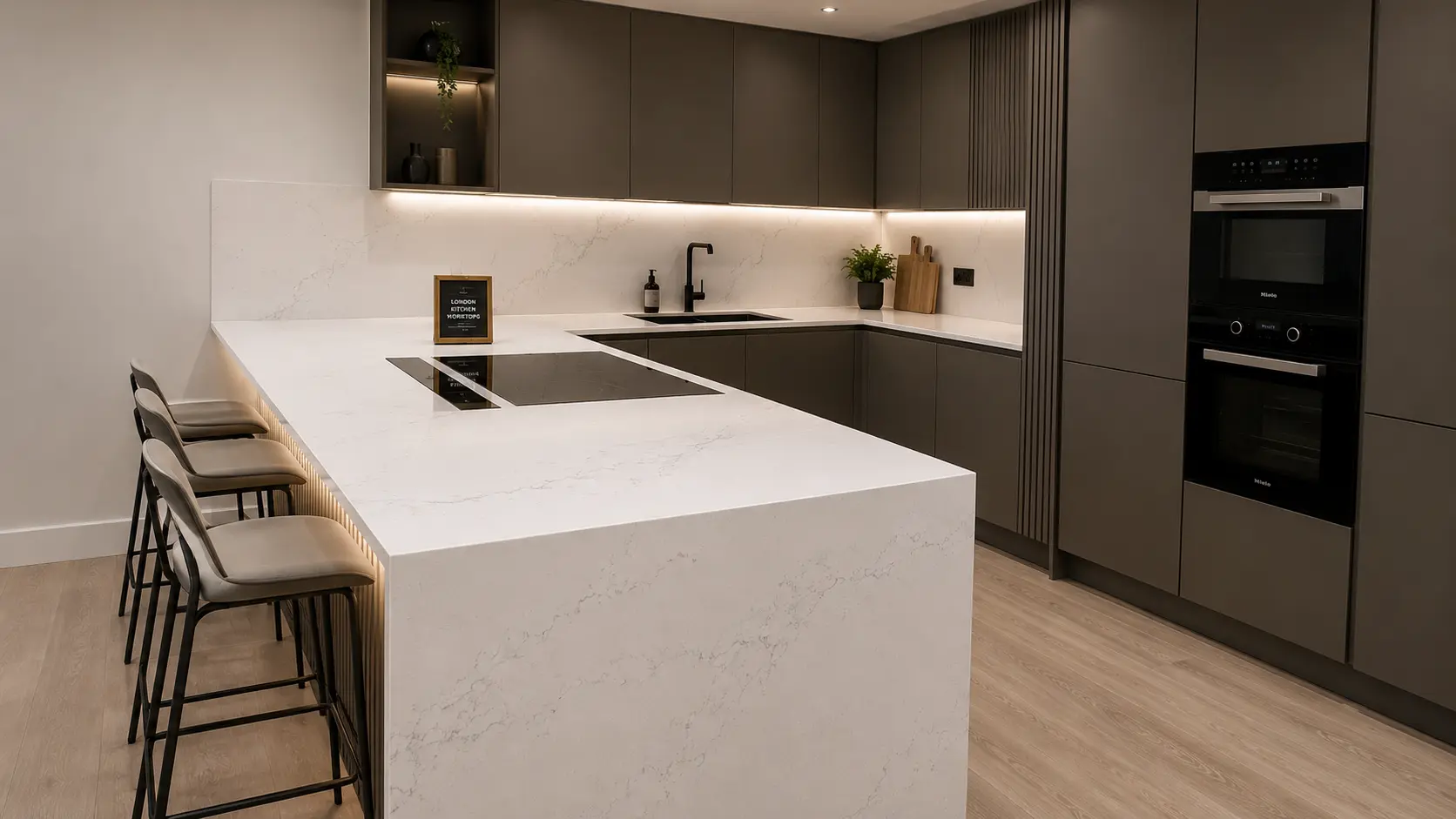 Bespoke quartz waterfall end worktop installed in Uxbridge