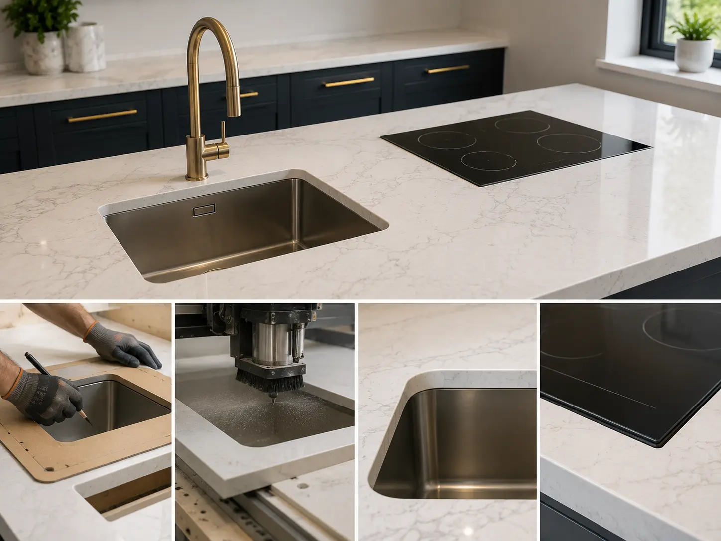Sink and hob cut-outs on bespoke kitchen worktops in Acton