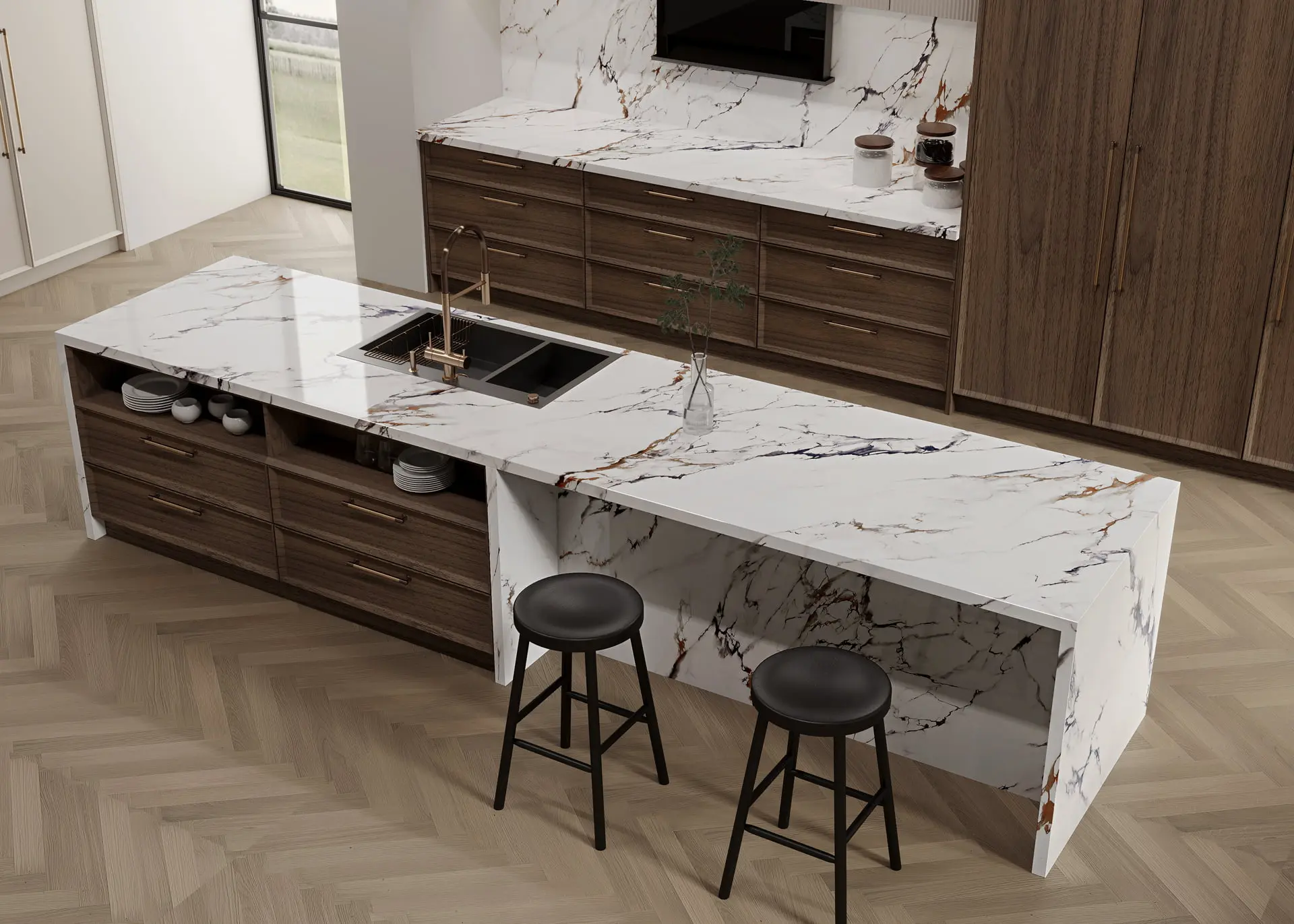 Matching splashback and island worktops in Acton kitchen