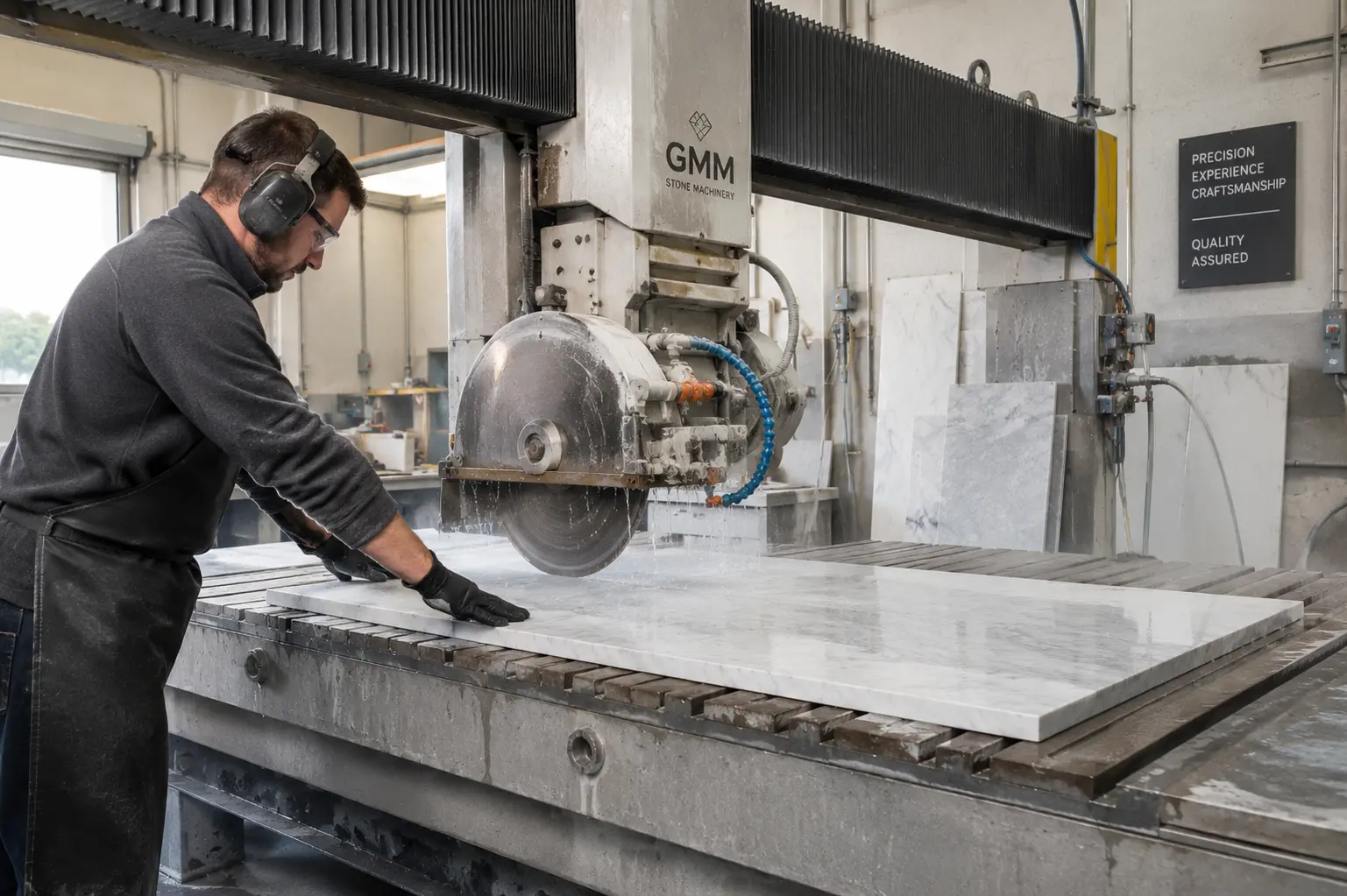 Wet cutting and fabrication of stone worktops in a London workshop