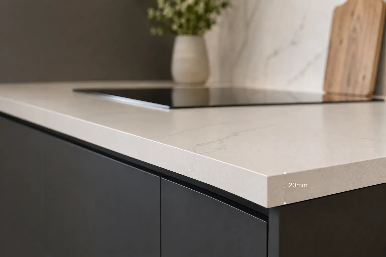 Close-up detail of a polished white quartz worktop in Carshalton