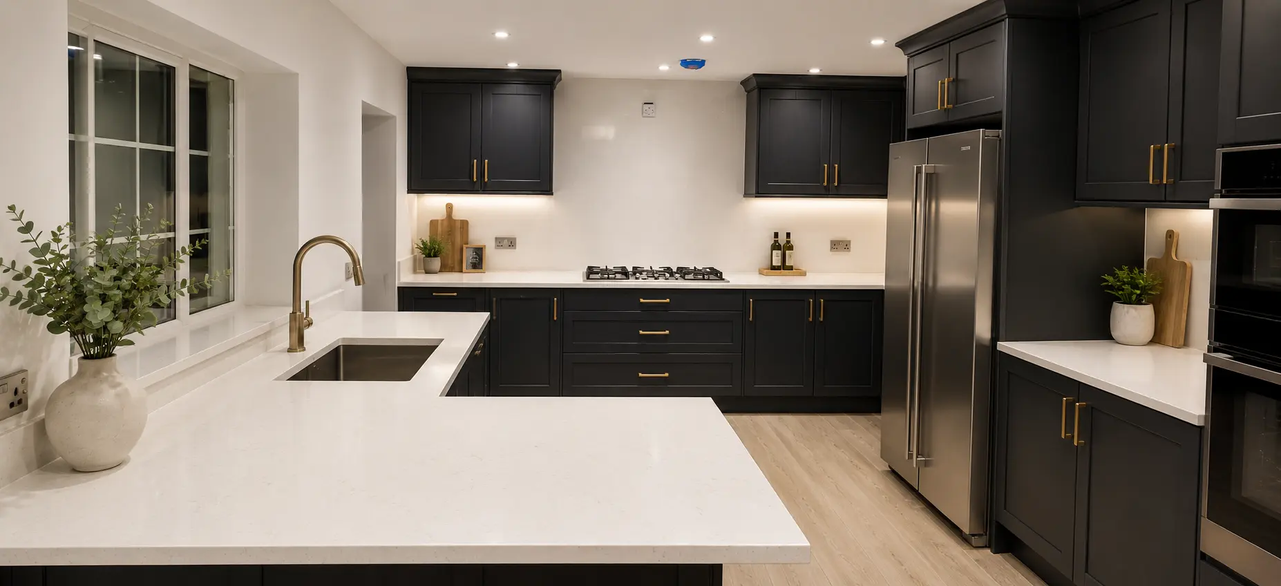 White quartz worktops brightening a compact High Wycombe kitchen layout